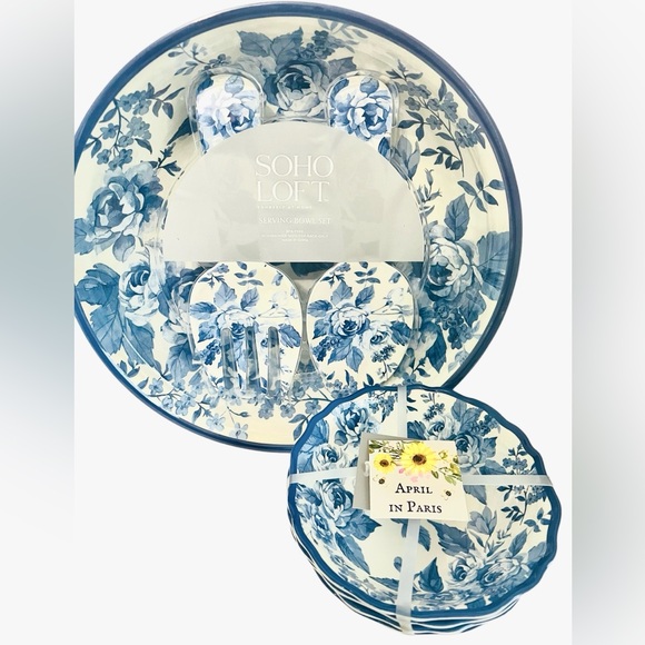 Shabby Chic Salad Pasta Bowl with Serving Utensils & 4 Bowls 7-Pc Set Soho Loft - Picture 6 of 6